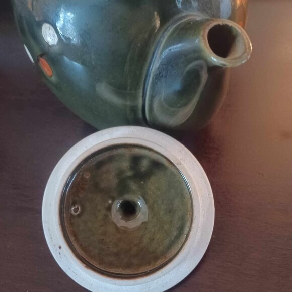 Vintage Mossy Green Ceramic Asian Teapot with Bamboo Wrapped Handle - Picture 4 of 10